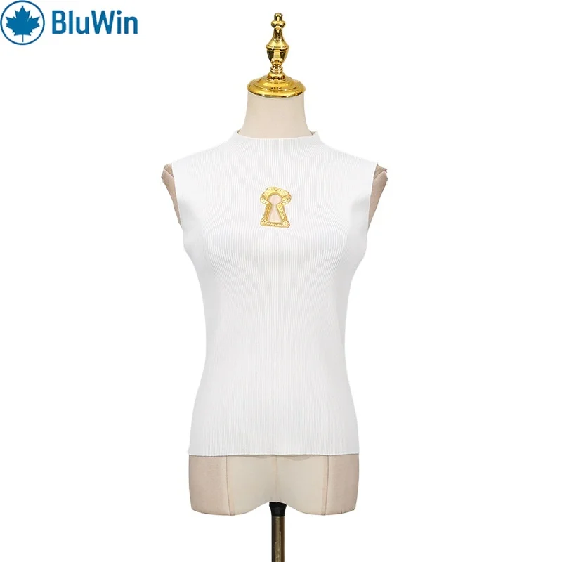 

URBANCHIC Korean Fashion Knit Top Women Summer 2025 Elegant Mock Neck Tank with Metal Detail Chic Office Vest