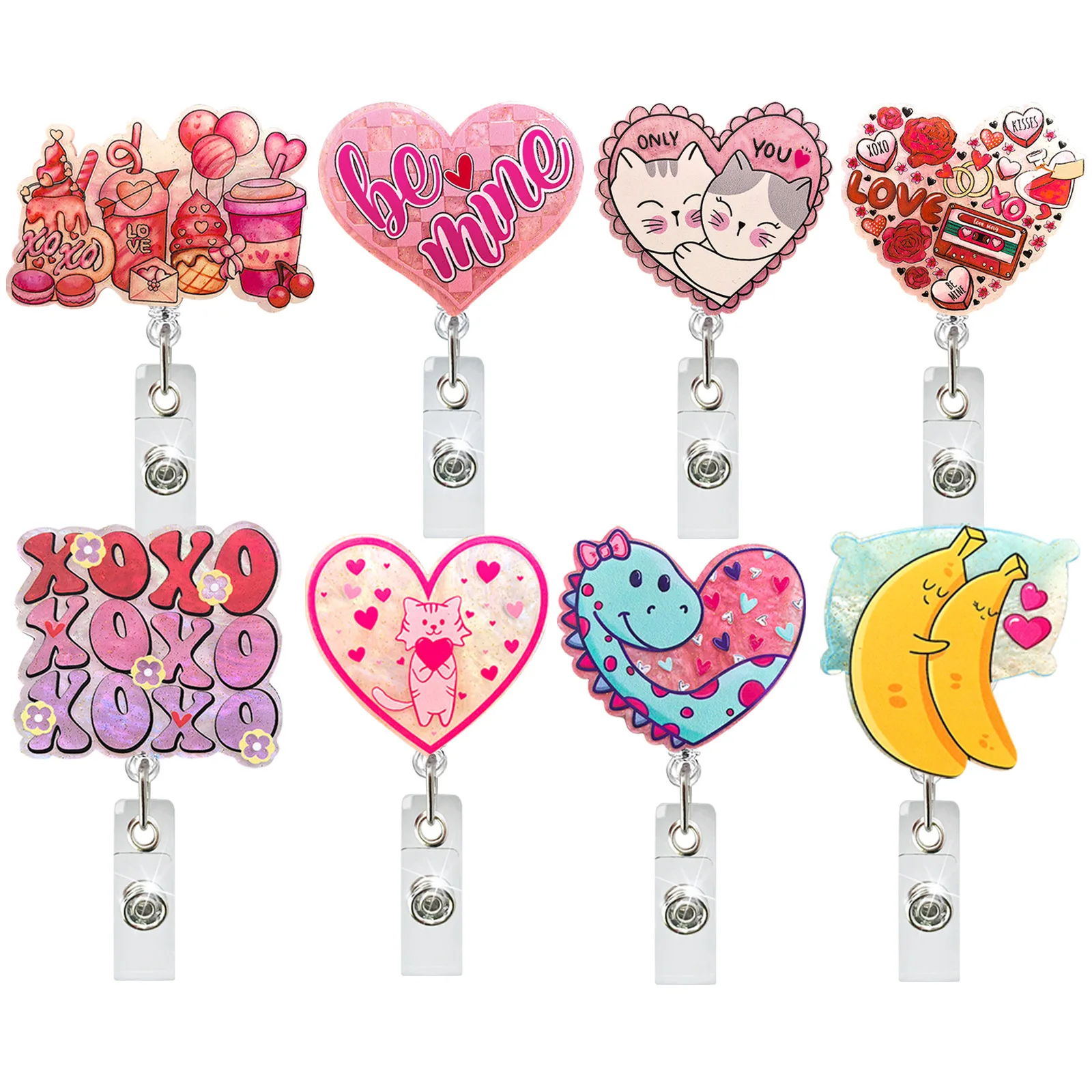 Acrylic Pink Glitter Valentine'S Day Heart Rotatable Id Badge Holder Retractable Badge Reel Holiday Gift For Doctor Nurse