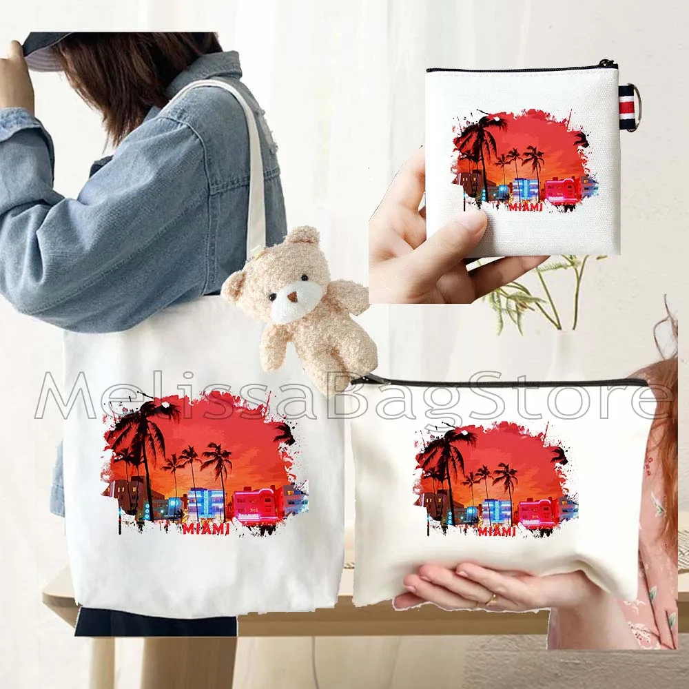 4PCS Gifts Set Miami Florida White Canvas Tote Bag Handbag with Doll Key Coin Purse Cosmetic Makeup Toilet Bag Case Pouch