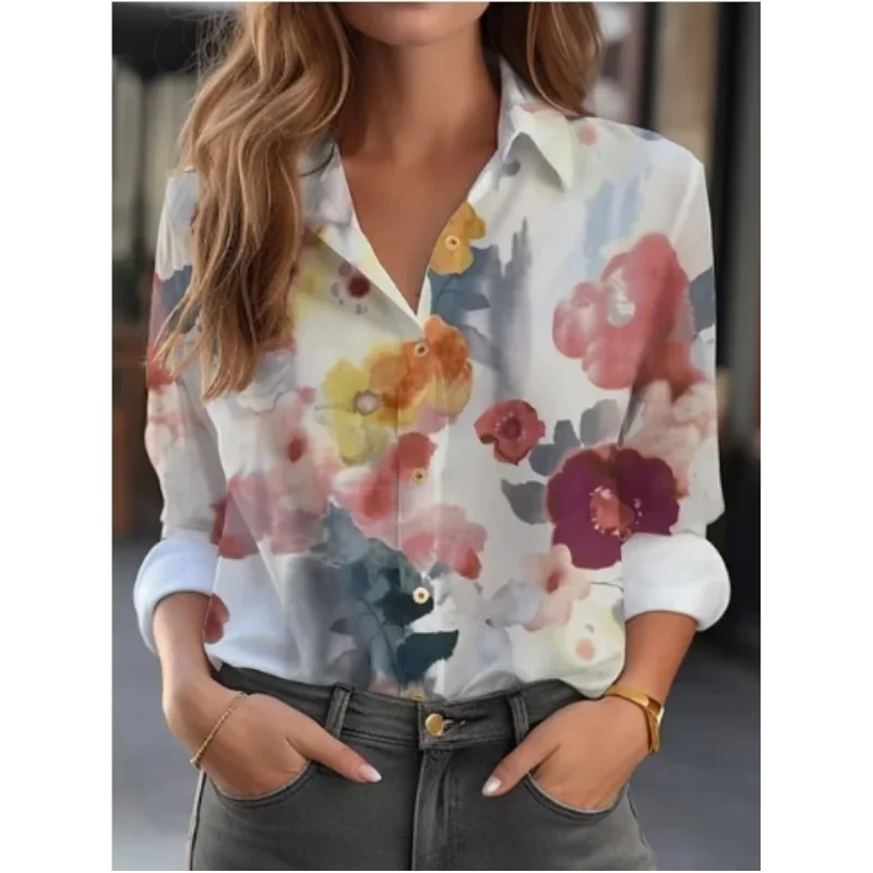 2024 New Autumn Tops Fashion Elegant Women\'s White Floral Shirts Commuter Casual Long Sleeve Office Ladies Blouses