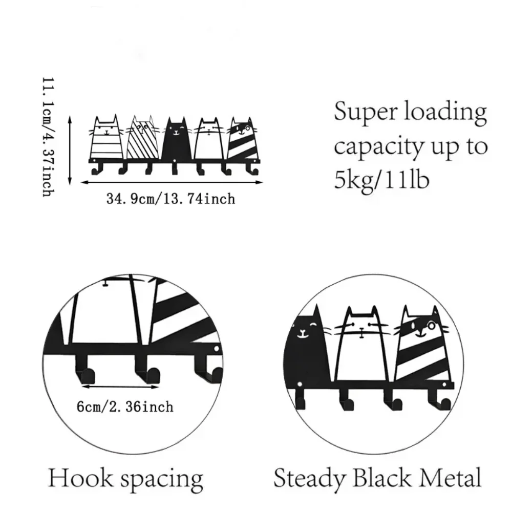 Gancio decorativo per gatti carini, appendiabiti con 7 ganci, appendiabiti moderno, appendiabiti da parete con decorazioni per gatti