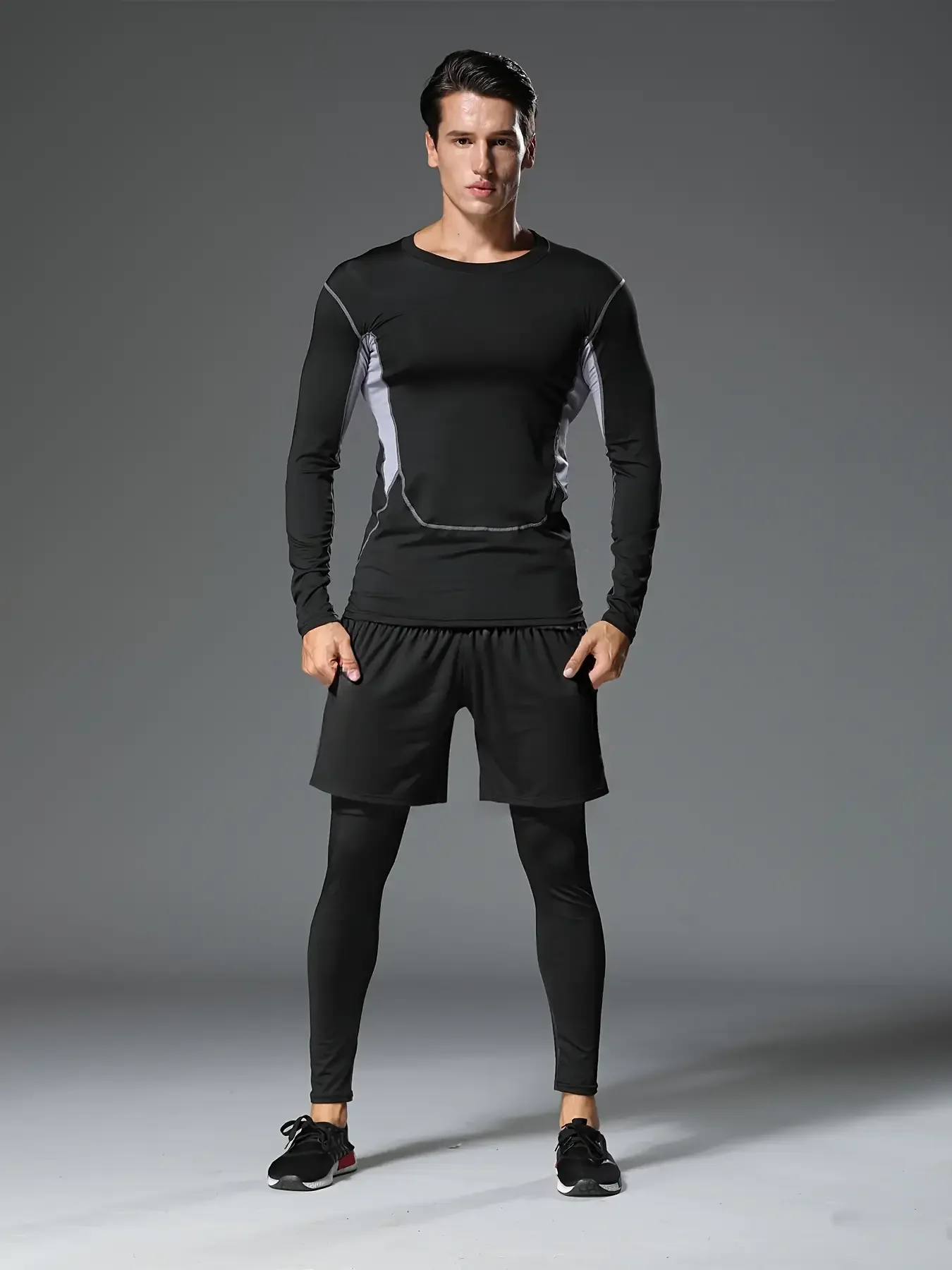بدلة لياقة بدنية جديدة عصرية للرجال مكونة من ثلاث قطع، ملابس للجري واللياقة البدنية سريعة الجفاف ومعدات ضيقة