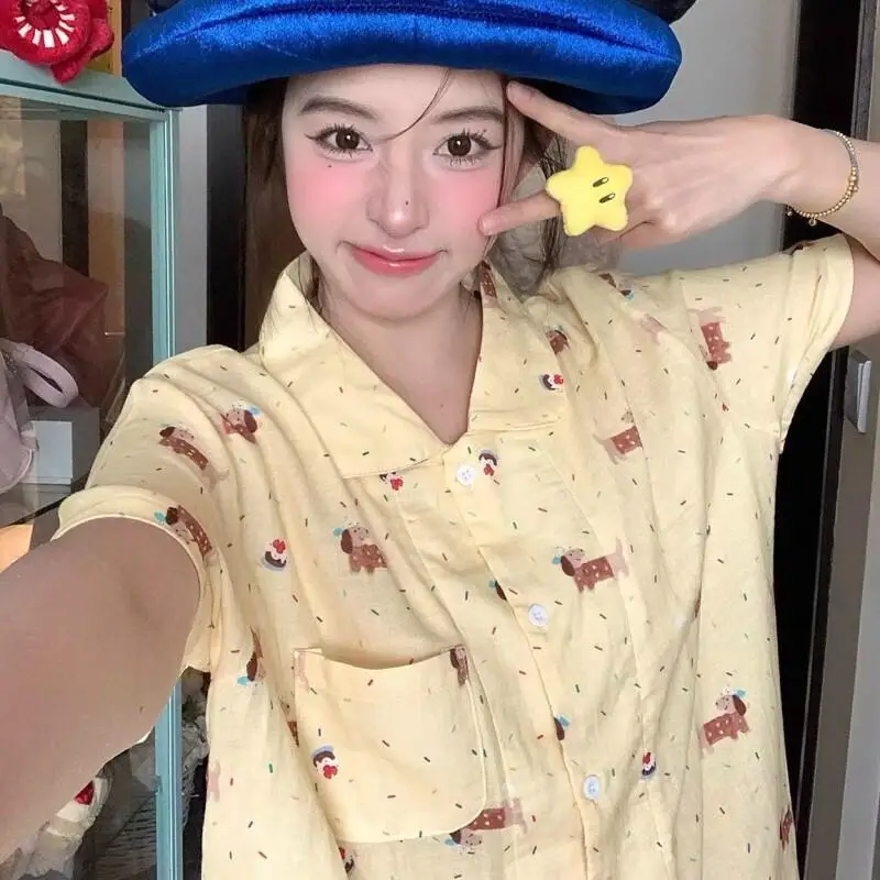 Women's Pajama Set Fashion Homewear Short Sleeve Shorts Set Lightweight Home And Outdoor Cute Cartoon Dog Lapel New Summer