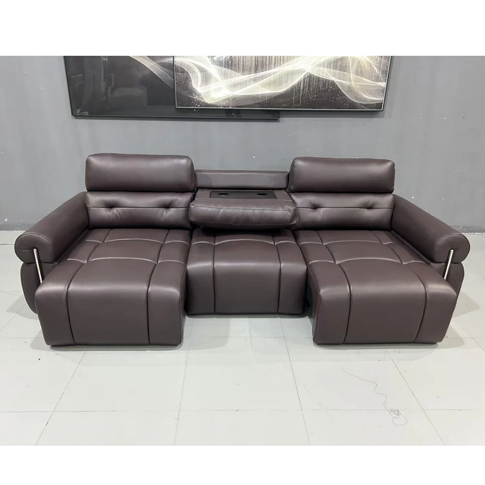 #Pull-Out Sleeper Sofa Couch with Adjustable Headrests and Fold-Down Console /Socket, Modern Genuine Leather Convertible Sofa Be