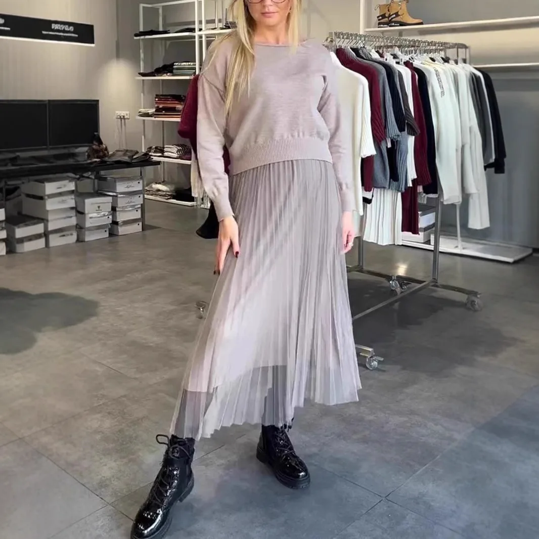 

Elegant Solid Dress Women Fashion Knitted Round Neck Long Sleeved Top Spliced ​​A-line Mesh Long Skirt Autumn New Lady Commuting