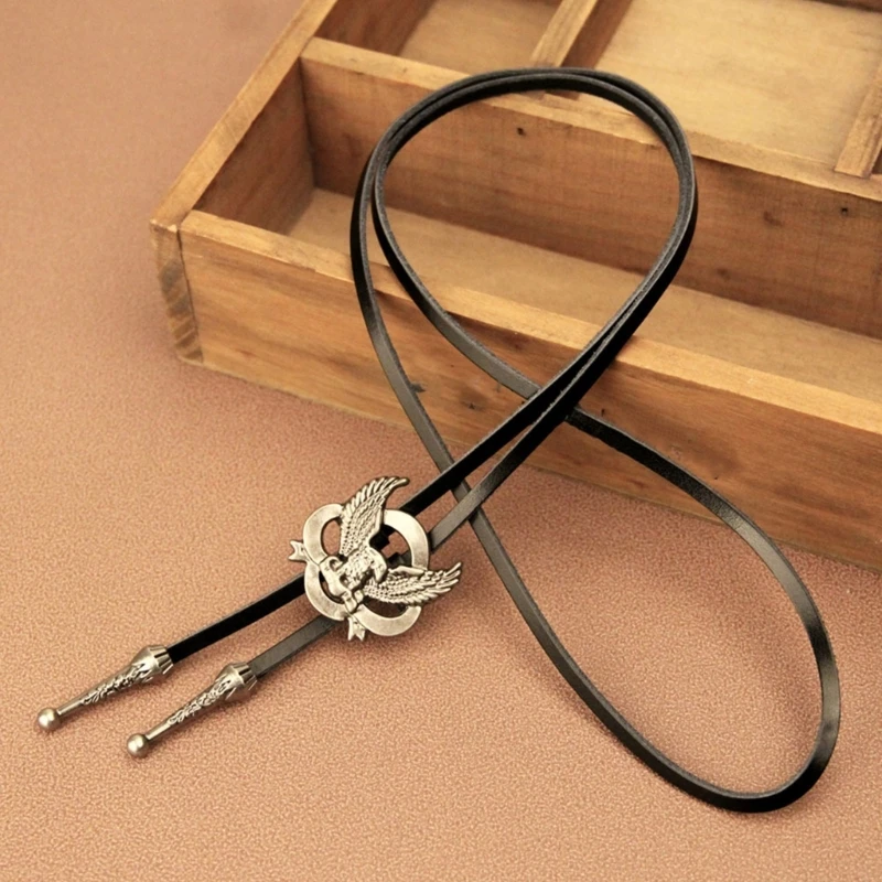 95AB Mens Faux หนัง Bolo Tie Vintage Western โลหะ คาวบอยหมวกสร้อยคอ