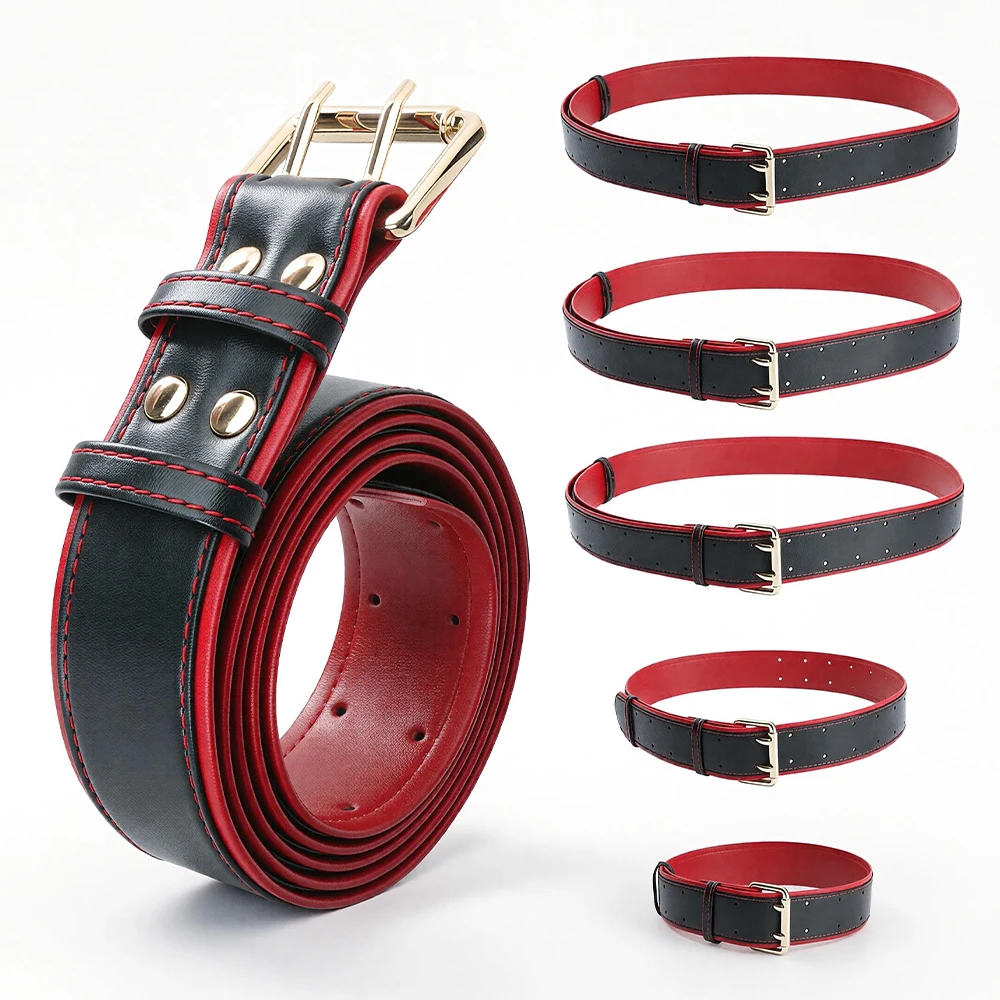 SHAZ Premium Leather Bondage Waist Belt Set Adjustable Red Black Restraint Harness with Metal Buckle BDSM Roleplay Accessory Kit
