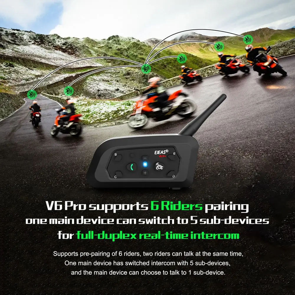 EJEAS V6 PRO+ Motorrad Bluetooth Helm Headset Intercom 850 mAh MOTO Communicator 800 m Interphone für 6 Fahrer IP65 Wasserdicht – Detail 5