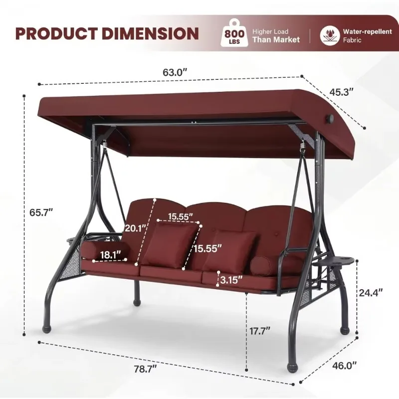 Adjustable Canopy Swing Bed For Adults - 800lbs, Removable Cushion, Cup Holder, Perfect For Outdoor Spaces