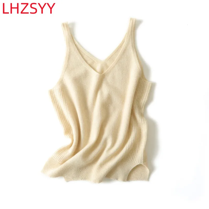 LHZSYY 100% Pure Cashmere Halter Vest Women\' V-Neck Inside Vest Four Seasons New Knit Sling Shirt High Quality Sleeveless Blouse