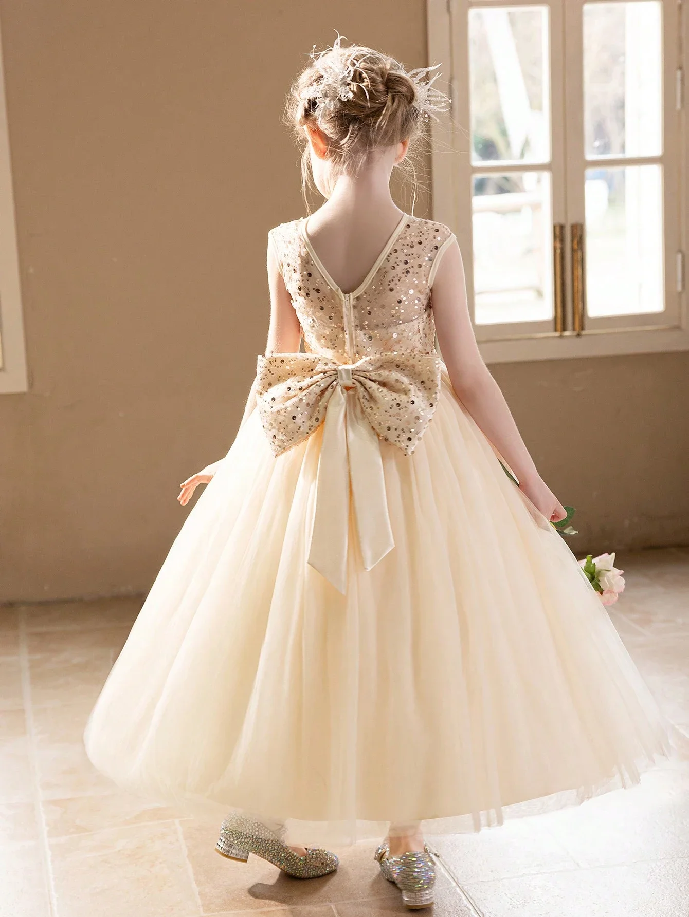

Champagne Sequined Ball Gown Dress With Big Bow Tulle Formal Evening Dress