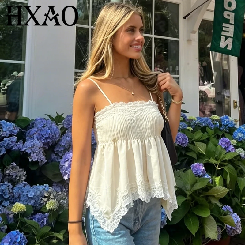HXAO Satin-Spitzen-Slip-Top für Damen, Sommer, sexy, kurz geschnitten, cremefarben, mit Rüschen, elegantes, ärmelloses, rückenfreies Camisole-Oberteil, Urlaubsweste