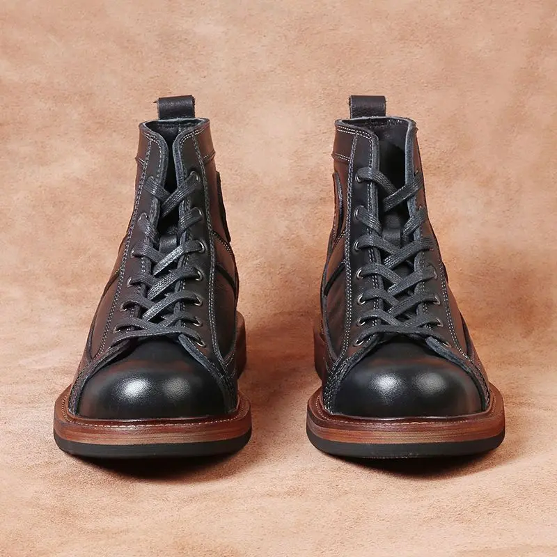 Short Face Workwear Boots with Retro Stitching High Top Round Toe Men's Cowhide Motorcycle Men's Work Boots
