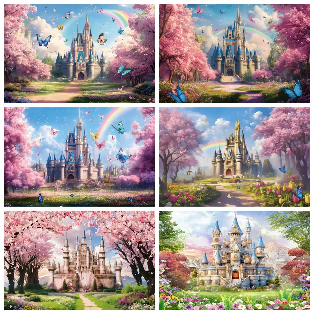 

Pink Rainbow Castle Backdrops Flowers Forest Princess Birthday Party Dreamy Wedding Portrait Photography Background Photo Studio