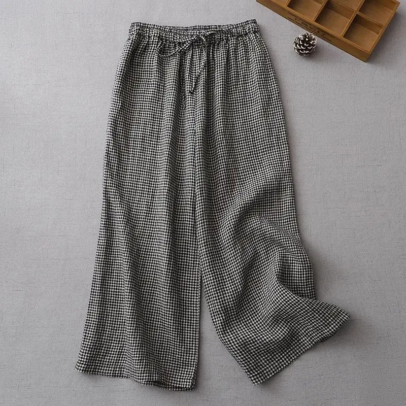 Flax Wide Leg Pants Women Clothing Fashion Loose Plaid Elastic Waist Pants Summer All-match Plaid Lacing Loose Waist Trousers