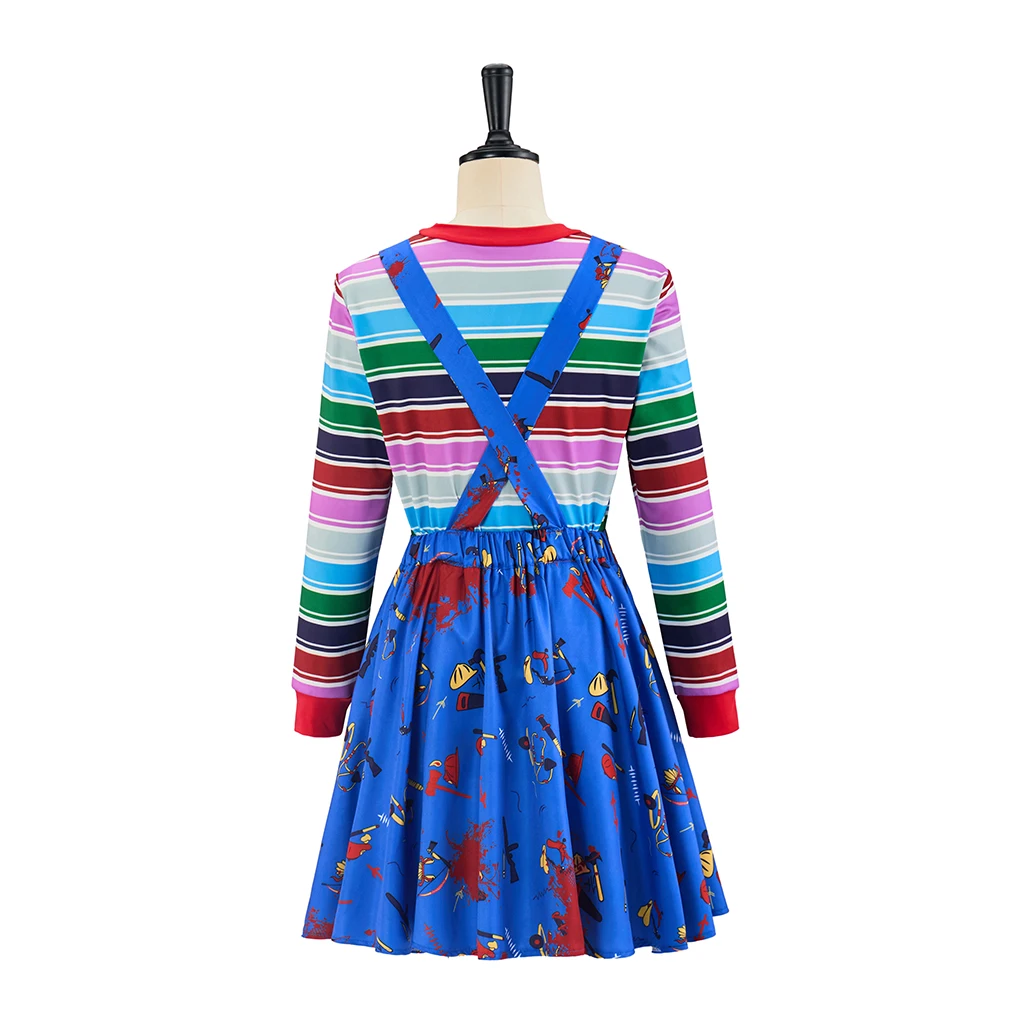 Killer Doll Cosplay Chucky Costume Stripe T-shirt Skirts Set Women Girls Fancy Dress Halloween Ghost Doll Scary Nightmare Outfit