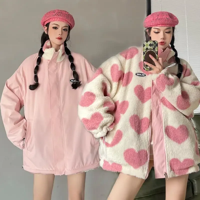 Winter Lamb Wool Double-Sided Cotton  Jacket With Retro Heart Pattern Warm Coat Couple's Lazy Style Street Fashion Loose Jacket