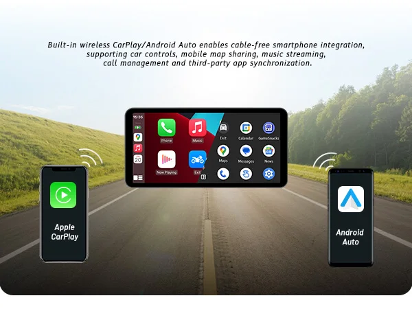 6-Zoll-Motorrad-Smart-Display – kabelloses CarPlay und Android Auto | Bluetooth Sprachsteuerung | IP67 wasserdicht | HD-Touchscreen |