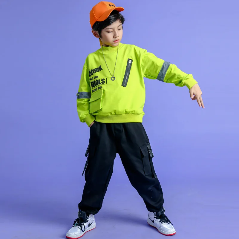 

Boys and Girls Hip Hop Sports Suit Dance Suit Spring and Autumn Dance Jazz Dance Walk Show Fluorescent Green Overalls Hip Hop