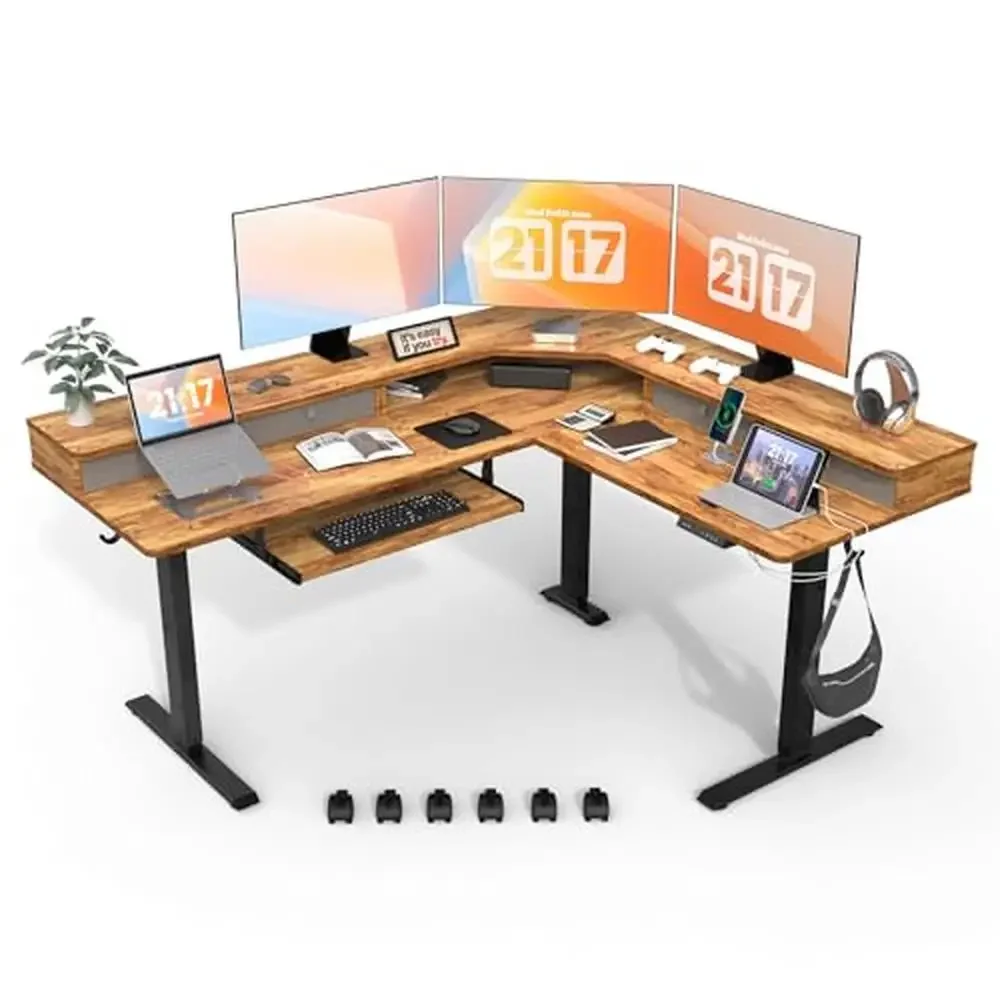 

L-Shaped Ergonomic Electric Standing Desk with USB Charging Port & 4 Drawers Modern Corner Computer Desk with Cable Management