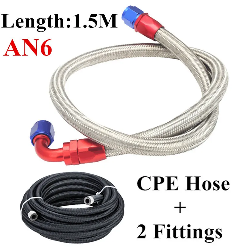 

AN6 1.5M Nylon Stainless Steel Braided CPE Fuel Line Hose Pipe Fitting Kit with 0/45/90/180 Degree Swivel Hose Fitting Adapter