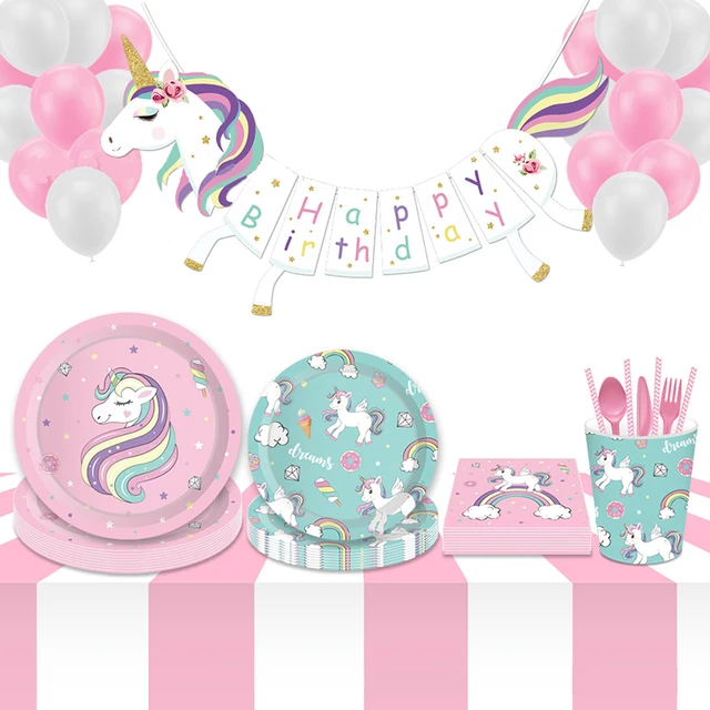 Jednorożec tematyczne jednorazowe papierowe sztućce śliczne tęczowe kucyk talerz kubek serwetka na urodziny ślub Baby Shower zaopatrzenie firm