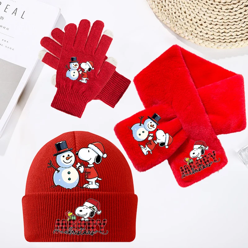 

New 3PCS Snoopys Christmas Hat Gloves Scarf Boy Girl Cartoon Anime Winter Warm Outdoor Equipment Cap Mittens Wrap Set Xmas Gift