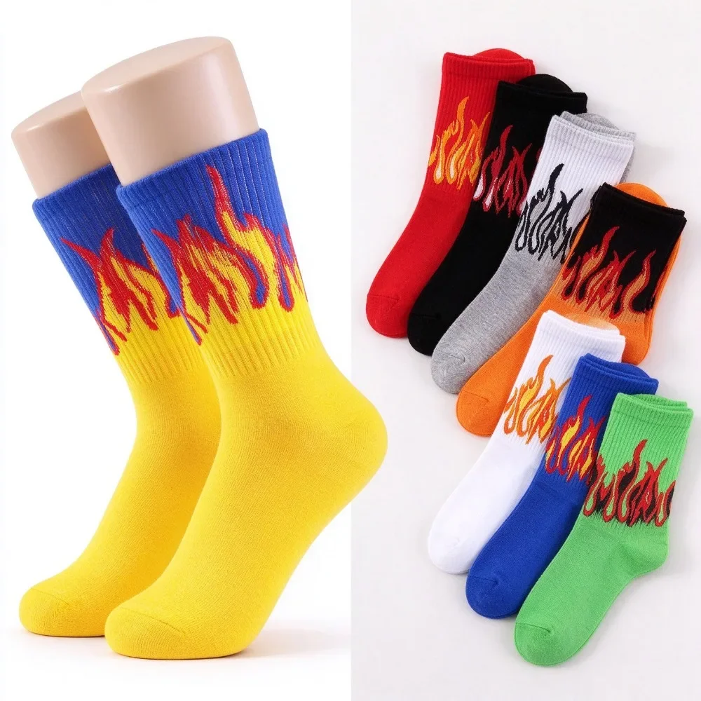 Men Hip Hop Crew Socks 1 Pair, Checkerboard Lightning Flame Print, Skateboard Street Fashion Funny Socks