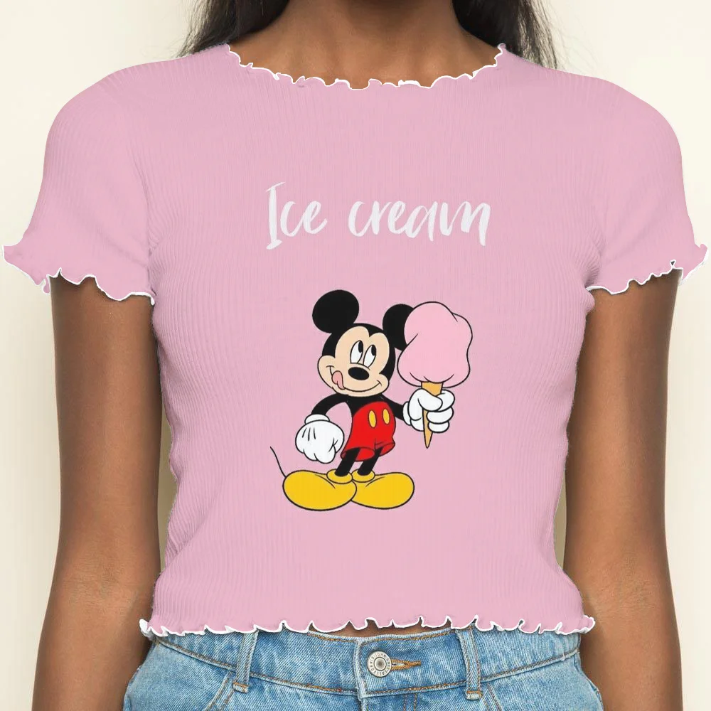 Disney-Haut court à manches courtes Minnie Mouse, T-shirt à col rond, Garniture en laitue, Vêtements pour femmes