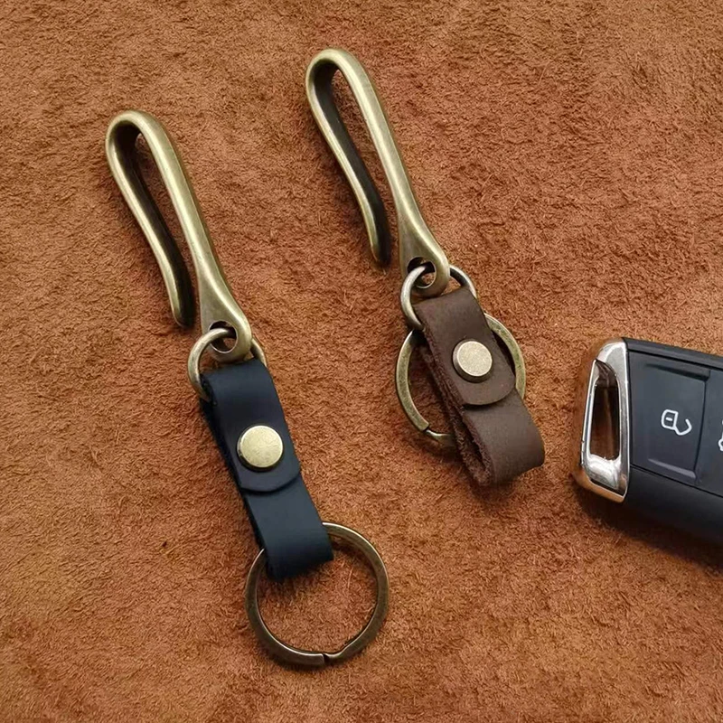 1PC Vintage Genuine Leather Keychain Accessories High Quality Cowhide Key Chain For Men Fashion U-waist Keyring Hook