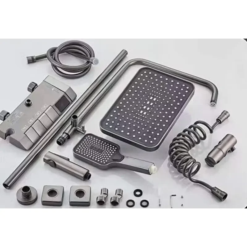 Cheap Gray Hot Cold Wall Mounted Bathroom Shower Faucet Rain Rainfall Bathtub Mixer Piano Black Square Shower System Set view 3