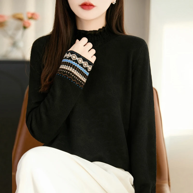 

Кружевной базовый слой irt f, вязаный женский повседневный свободный крой с высоким воротником и геометрическим узором, мягкий длинный свитер све