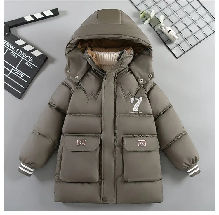 30 ℃ 2025, Winter-Jacke für Teenager und Jungen, Plüsch, dick, Kälteprävention, Briefdruck, mit Kapuze, Daunen-Baumwolle, Outdoor-Jacken für 4–11 Jahre – Detail 6