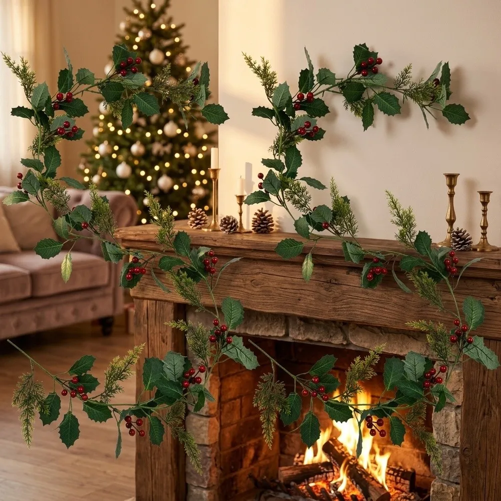 175cm 68.9 Inch Christmas Garland Artificial Christmas Garland Festive Garland Holiday Mantel for Decor Fabric Leaves Material