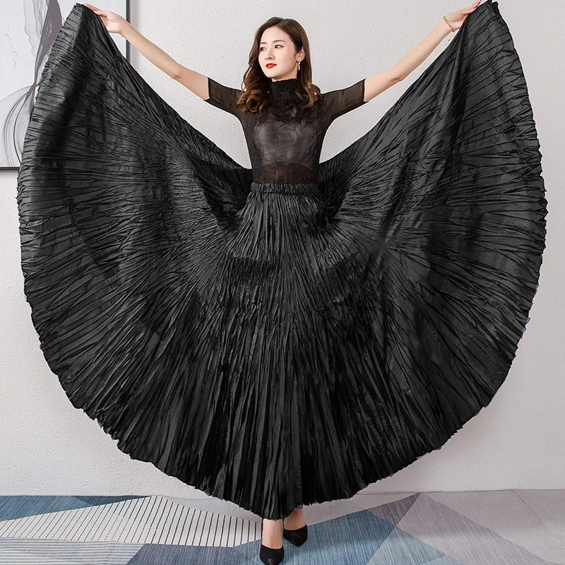 Miyake 여성용 큰 밑단 플리츠 중간 길이 스커트, 탄성 허리, 불규칙 스커트, 우아한 클로징 댄스 드레스, 단색