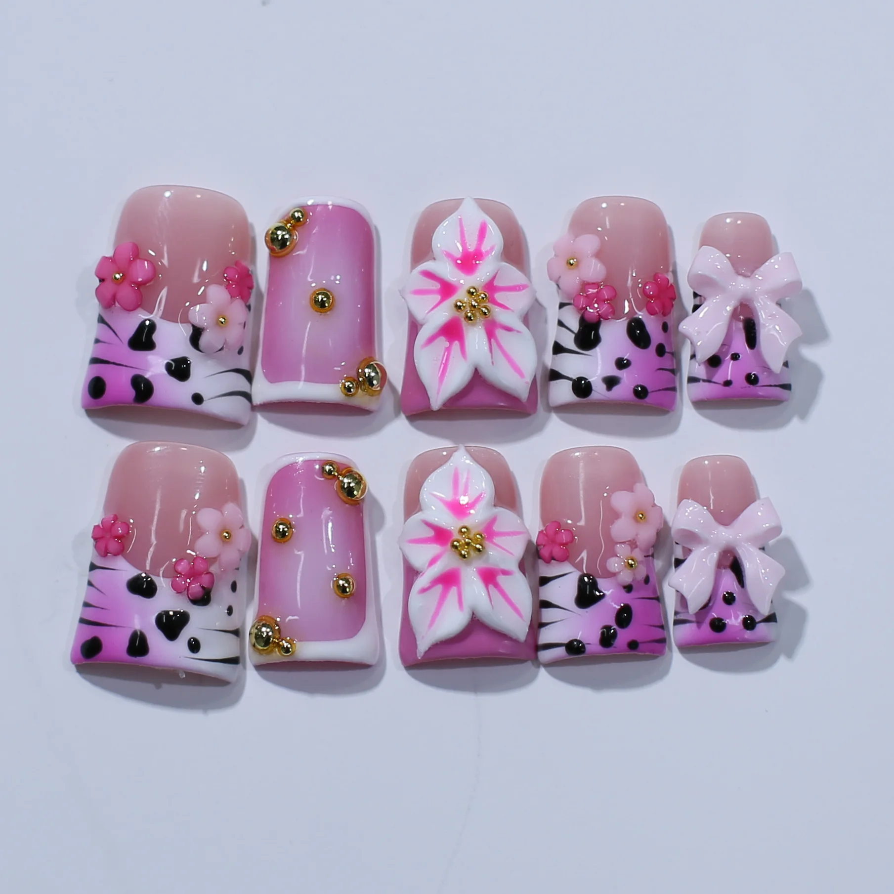 

10 PCS Handmade Duck Press On Nails Premium Salon Grade Medium Wide Duck Tips with Exclusive 3D White Lily Flower