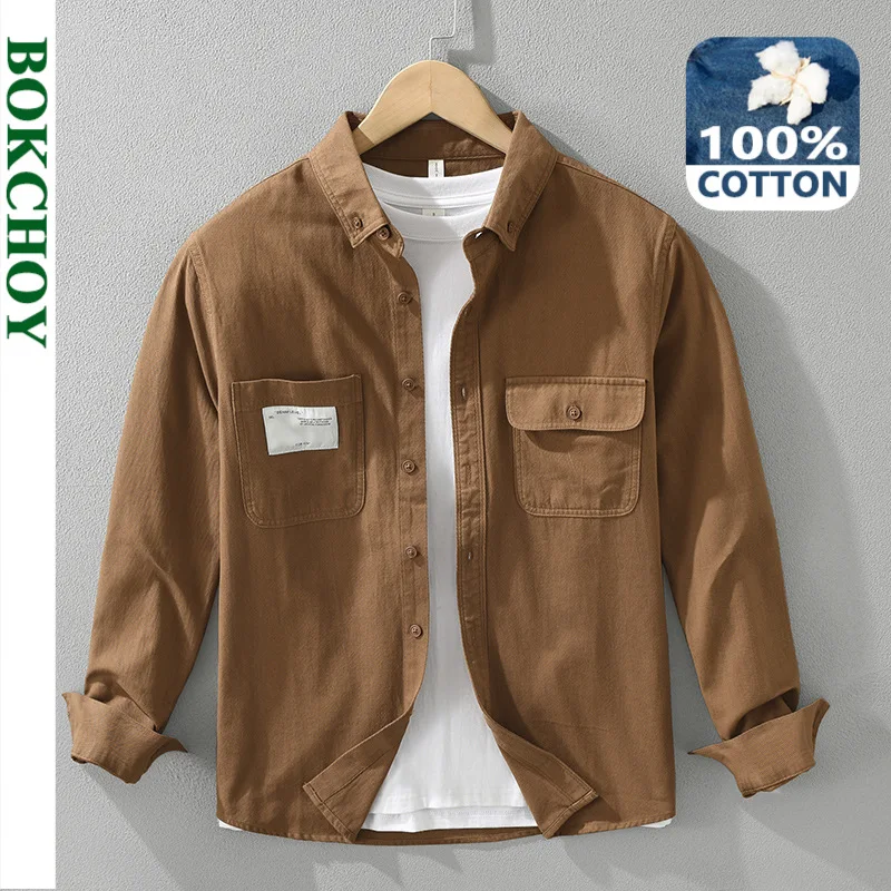 2024 Autumn New Solid Color Cargo 100% Cotton Shirts for Men Clothing Casual Multi-pockets Soft Long Sleeve Men Shirts CM7329