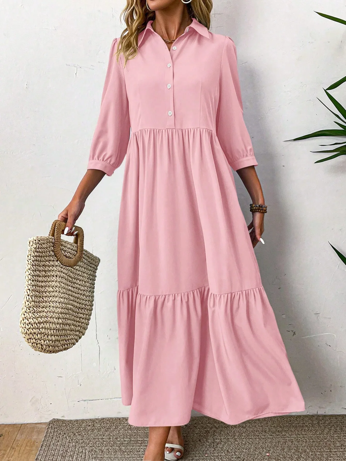 Robe chemise ample et amincissante, Style paresseux français, couleur Pure, européen et américain