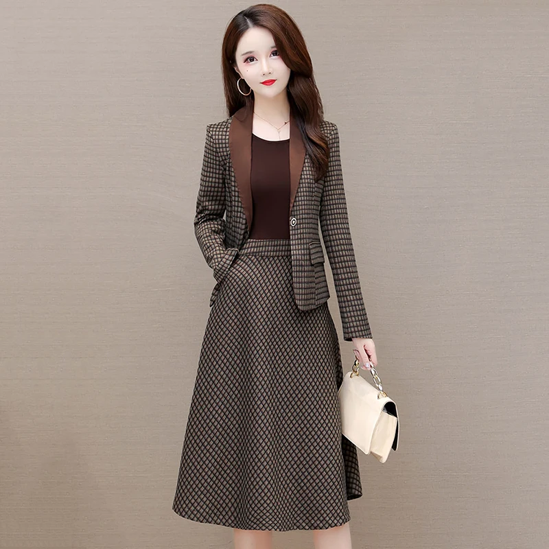 Plaid Dress Two-Piece Women Autumn Winter 2023 New Casual Blazer Suit Female Fashion Slim Plaid lLong Sleeve Two-Piece Suit