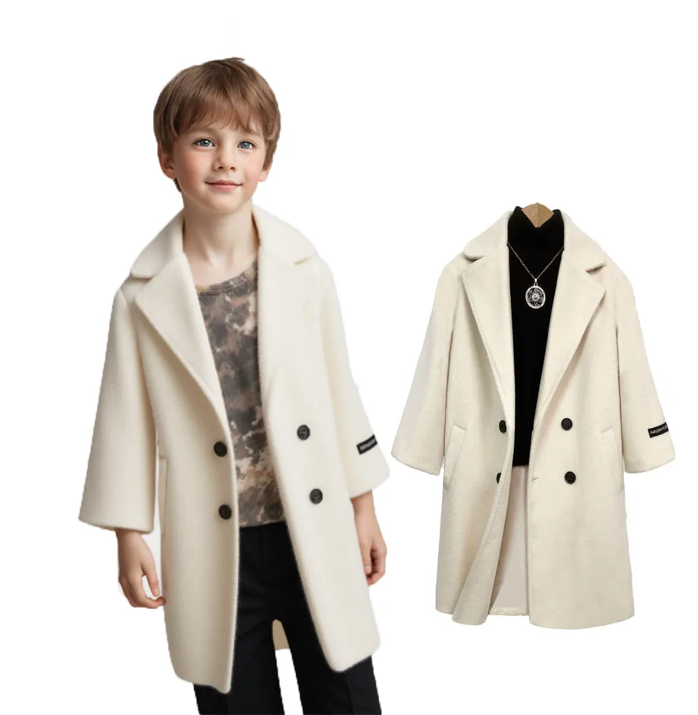 Teen Kids Windproof Outdoor Long Jacket Children Photography Woolen Coat 3-15Y Prince Boys Beige Fromal Winter Warm Wool Coat