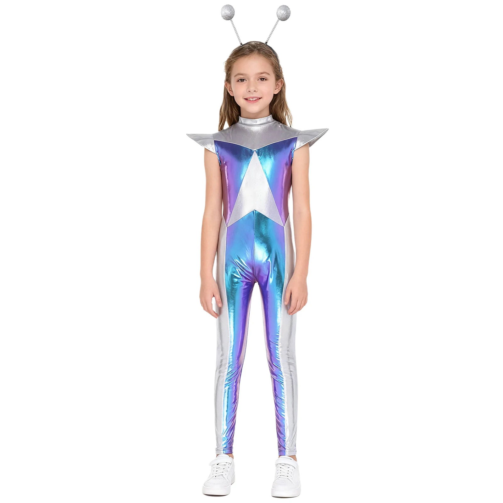 

Girls Robot Alien Costume Jumpsuit 2025 Halloween Cosplay Costume Shiny Metallic Outer Space Long Bodysuit Carnival Outfit