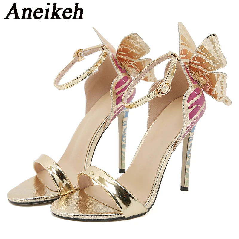 Aneikeh Summer Sexy Dimensional Butterfly Designer Gold High Heels Wedding Banquet Shoe Fashion Open Toe Sandals Party Women