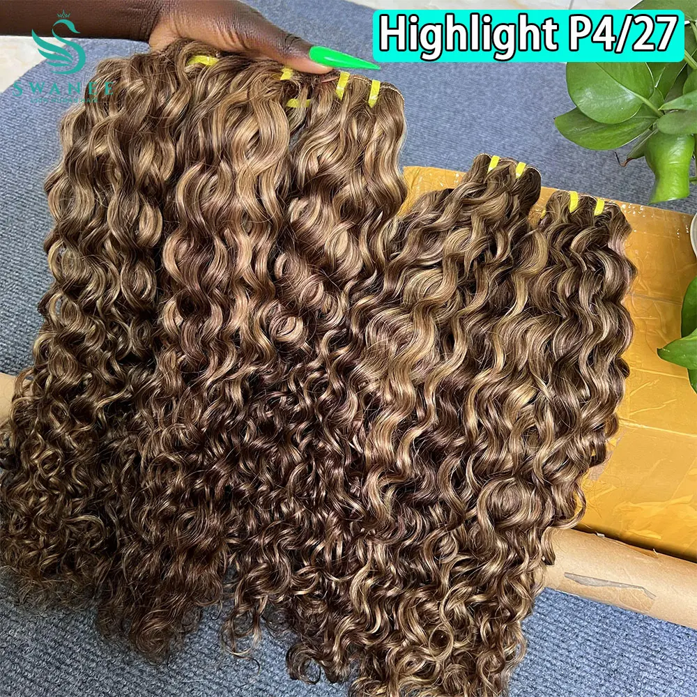 

P4/27 Water Wave Highlight Темно-коричневые и медовые блондинки, пучки человеческих волос, глубокая волна, пучок волос, плетение волос для женщин