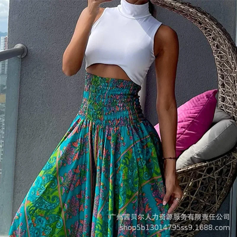 Tribal Paisley Print Shirred High Waist Wide Leg Pants Women Flower Floral Summer Loose Pants Trousers