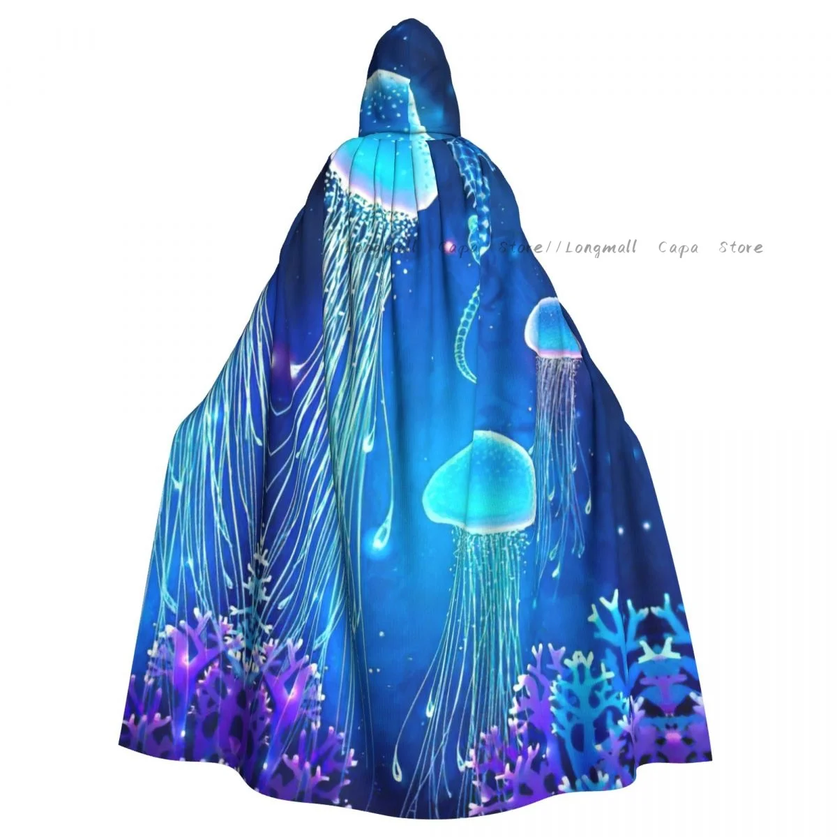 Magic Glowing Jellyfish Underwater Hooded Cloak Coat Halloween Cosplay Costume Vampire Devil Wizard Cape Gown Party