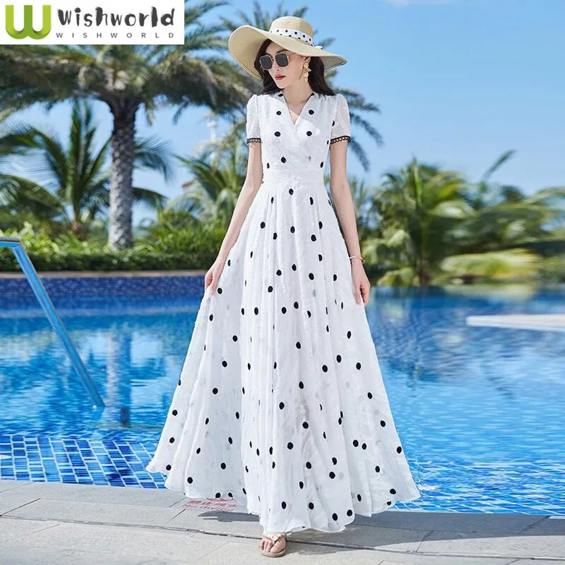 

White Polka Dot Dress Women's 2022 Waist Closed to Show Thin Temperament, Elegant Chiffon Large Swing Super Long Skirt to Ankle