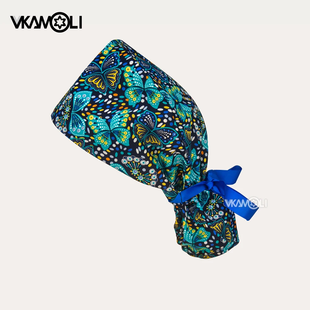 Boné de cabelo longo com estampa de borboleta verde para médicos e enfermeiros para evitar poeira boné de rabo de cavalo