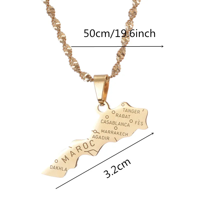 Morocco Map Pendant Necklaces for Women Men Ethnic Jewelry Stainless Steel Le Royaume du Maroc