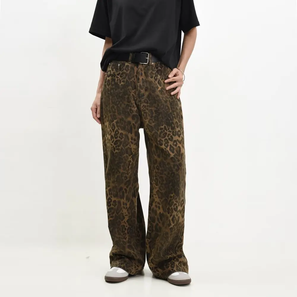 

Vintage American Leopard Women's Denim Pants Straight Leg Cotton Stretchy Natural Waist Pure Color Spring Autumn Fashion