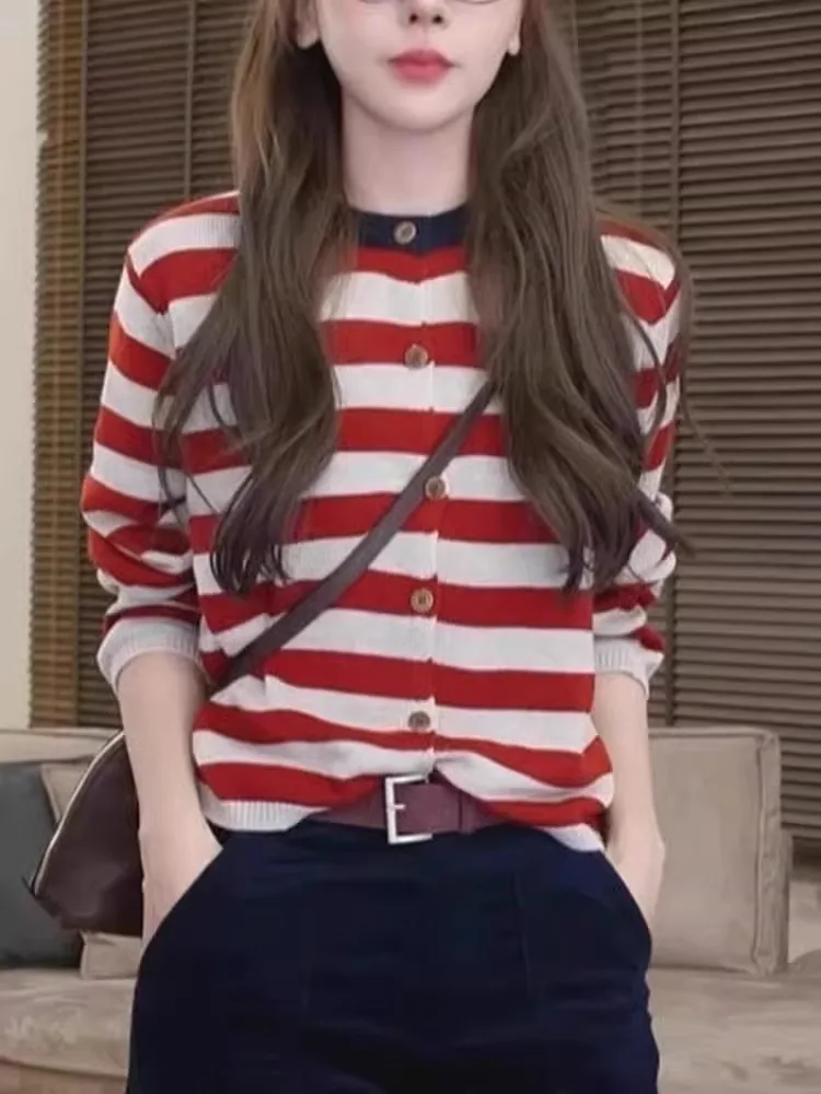 

Comfortable Knitted Long Sve round Ne Open Cardigan Women's Sle Slimming Top Youthful Korean Version Striped Outerwear